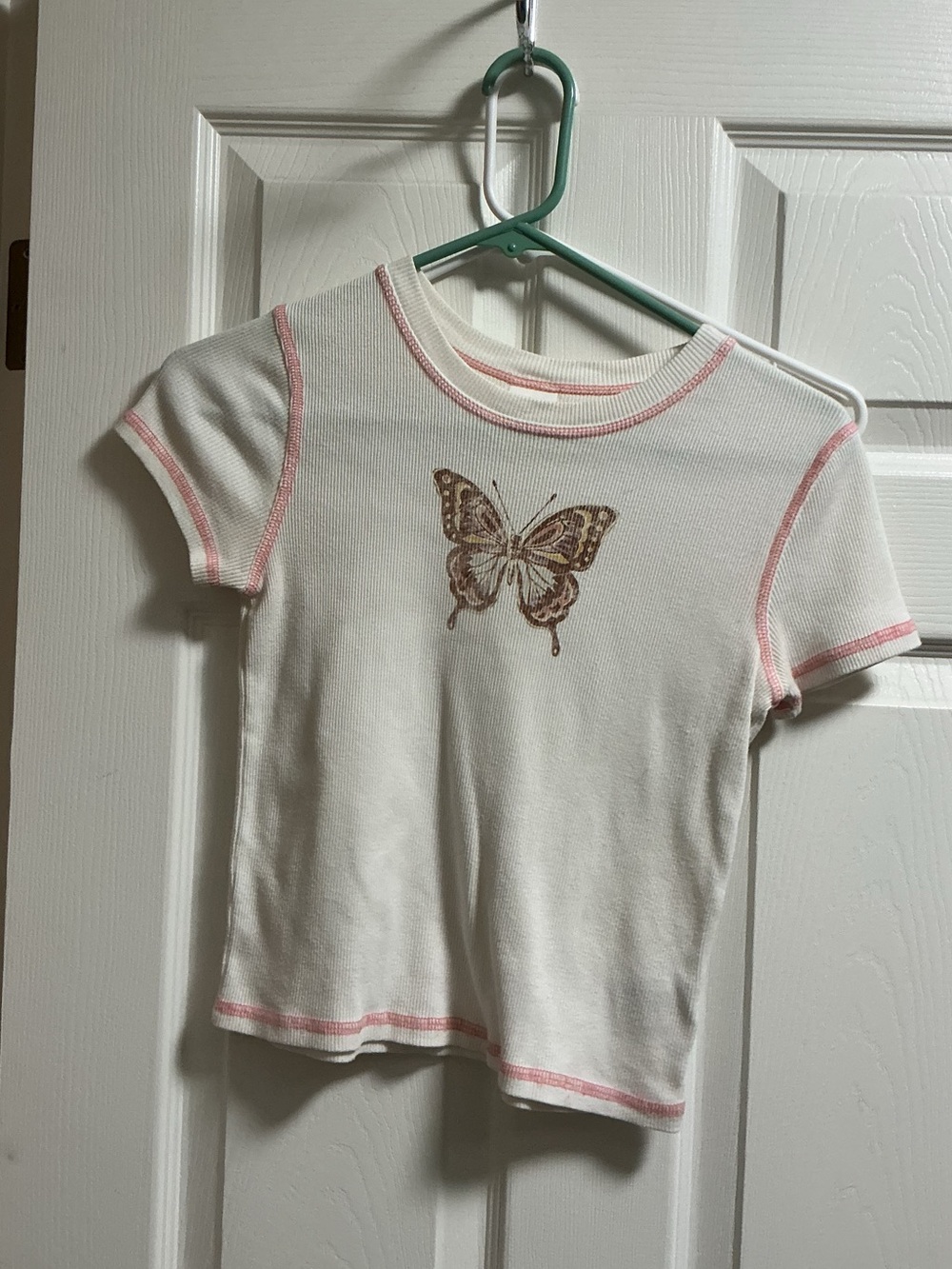 art class Cream Short Sleeve Tee with Pink Trim and Brown Butterfly